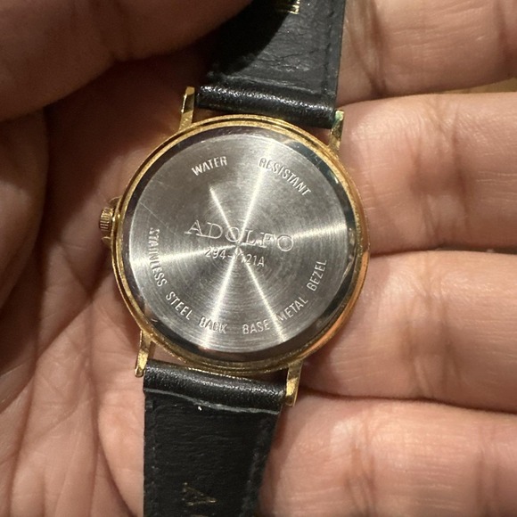 Vintage Adolfo Watch Unisex 33mm Gold Tone Black Dial Leather Band New Battery - Picture 3 of 9